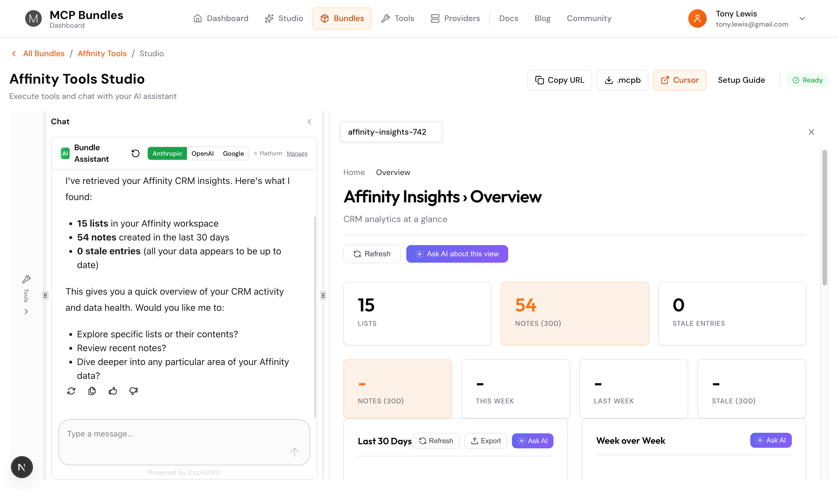 Overview view showing activity charts and stats