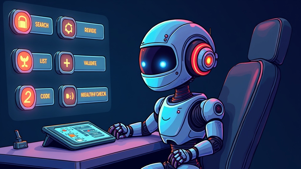 Friendly AI robot at a control panel with 6 glowing buttons for discovery and execution