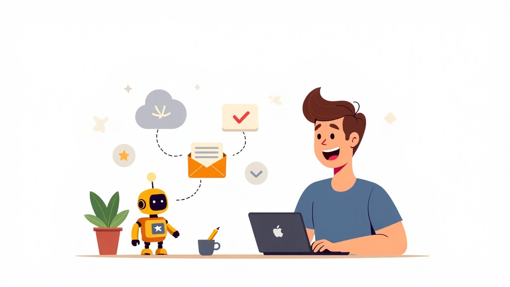 Gmail to Claude pipeline: developer at laptop with AI assistant, inbox sending notifications through cloud to GitHub Actions runner
