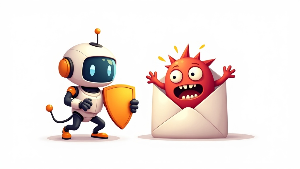 AI mascot behind a shield blocking a mischievous email monster