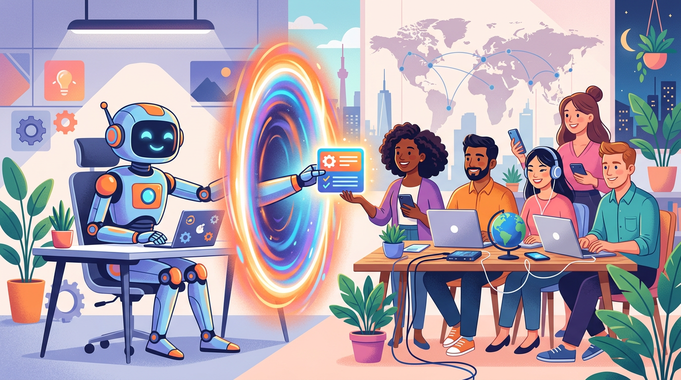 Cartoon illustration of an AI robot reaching through a portal to hand tasks to human workers around the world