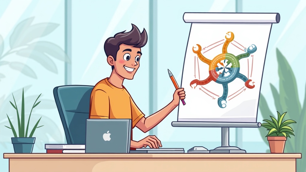 Cartoon illustration of a person designing MCP tools using the six-tool pattern that scales, happy expression