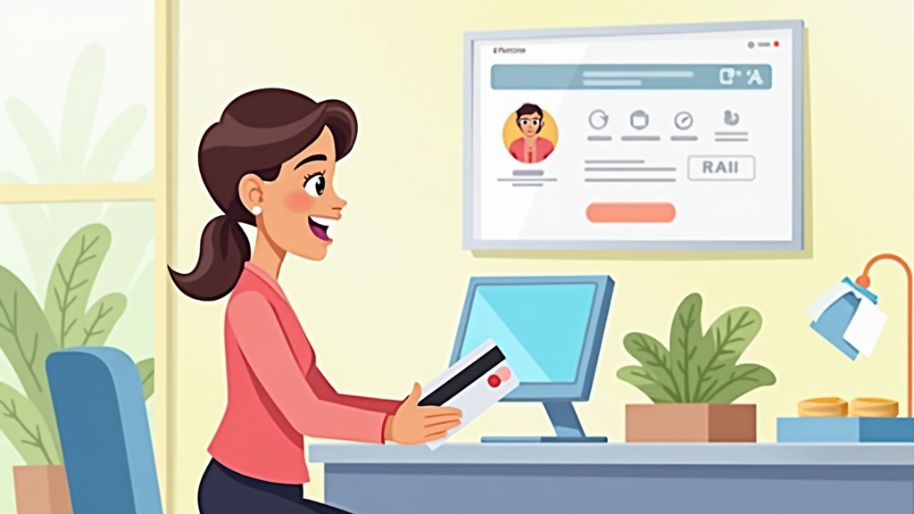 Cartoon illustration of a person accepting payments and processing refunds in Stripe, credit card, happy expression