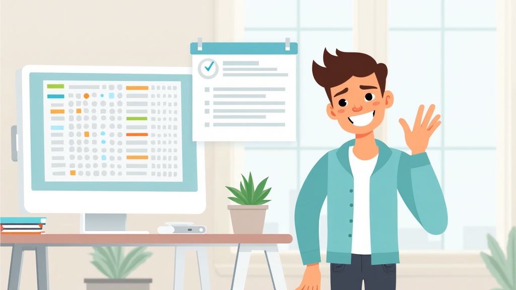 Cartoon illustration of a person managing recurring subscriptions and billing in Stripe, calendar, happy expression