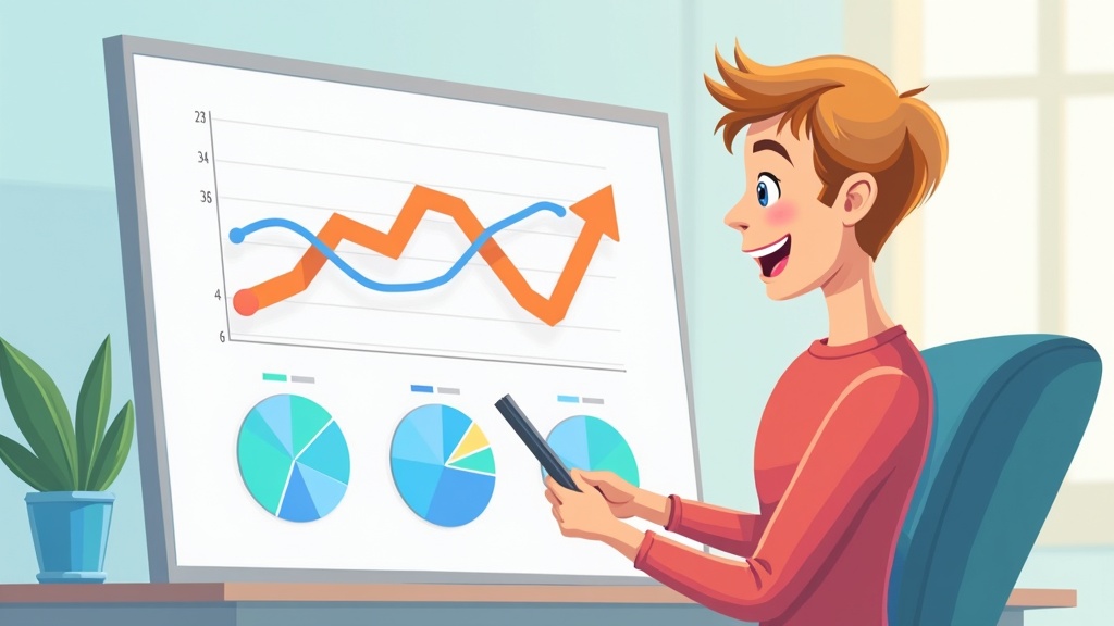 Cartoon illustration of a person analyzing revenue and transaction patterns in Stripe, charts and graphs, happy expression