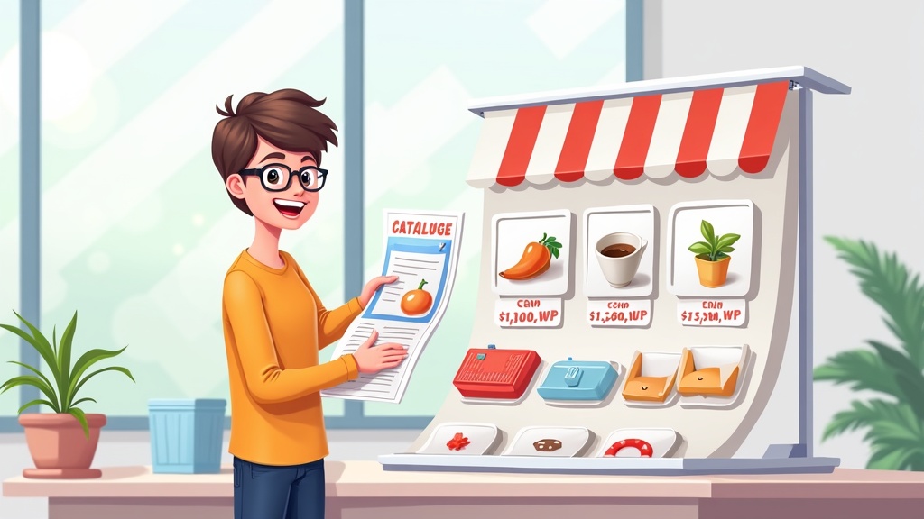 Cartoon illustration of a person managing products and pricing in Stripe, catalog, happy expression