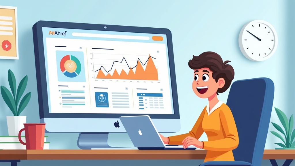 Cartoon illustration of a person with complete Ahrefs SEO toolkit accessing all tools, happy expression