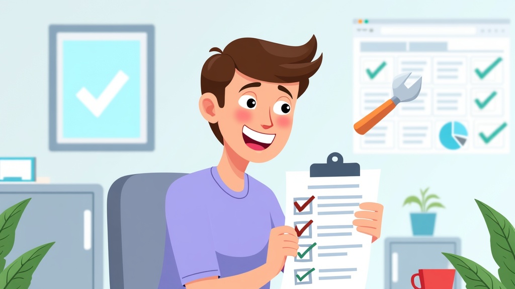 Cartoon illustration of a person auditing websites and fixing technical SEO issues, checklist, happy expression