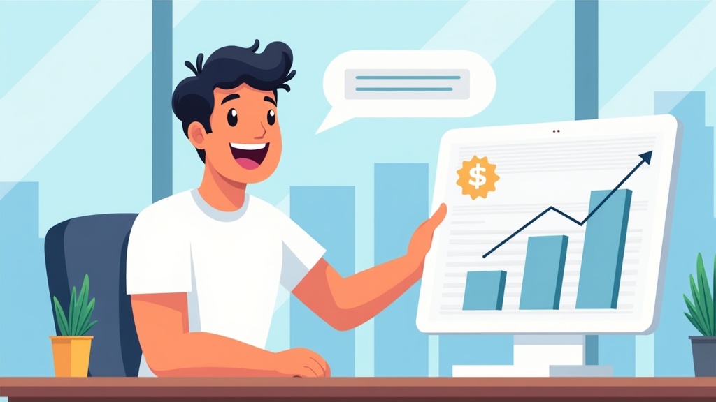 Cartoon illustration of a person tracking keyword rankings and monitoring SEO performance, chart showing growth, happy expression