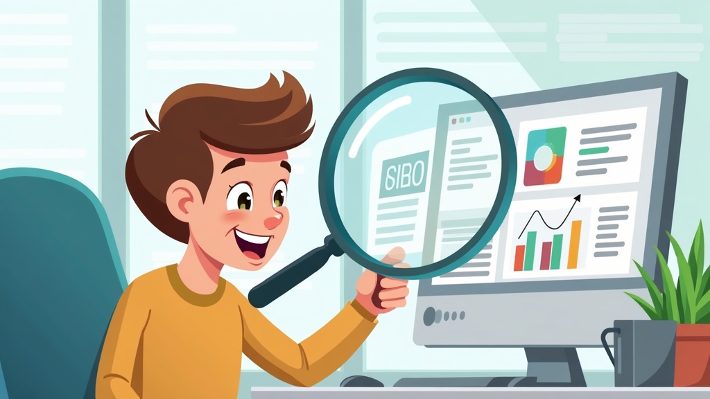 Cartoon illustration of a person spying on competitors and analyzing their SEO strategies, magnifying glass, happy expression