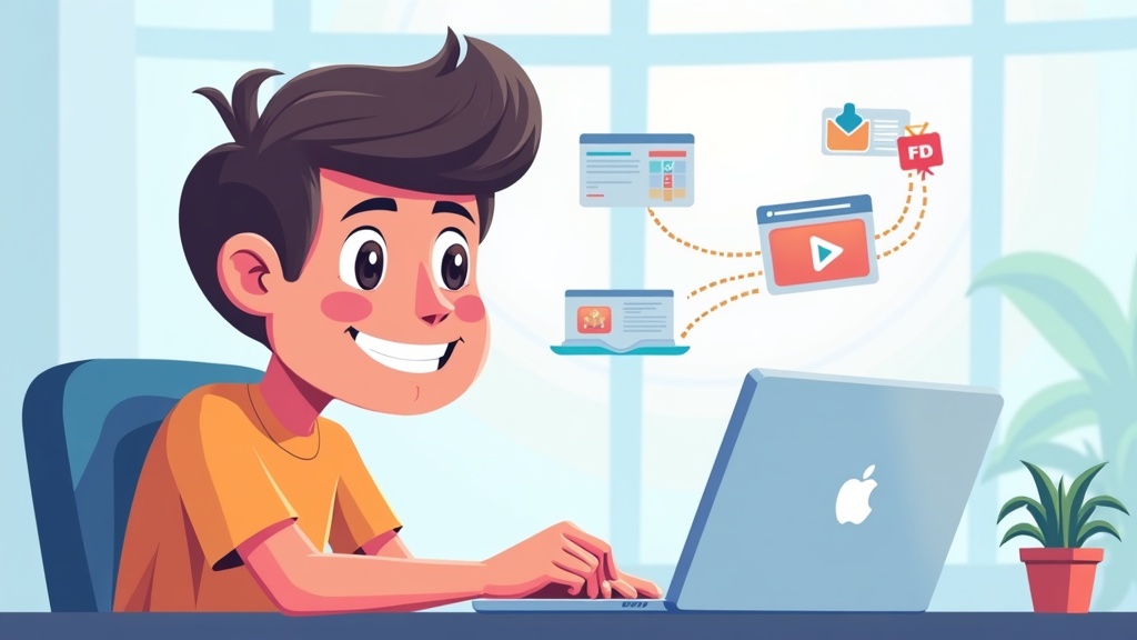 Cartoon illustration of a person building backlinks and finding link opportunities, connecting websites, happy expression