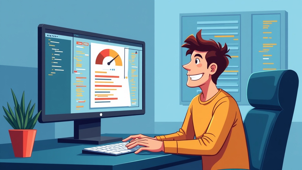 Cartoon illustration of a person fixing slow PostgreSQL database queries like a mechanic, with speedometer showing improved performance
