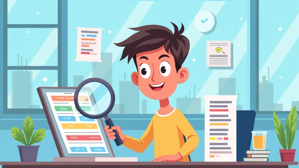 Cartoon illustration showing a person using a magnifying glass to search through a colorful PostgreSQL database with tables and rows, finding data quickly and easily