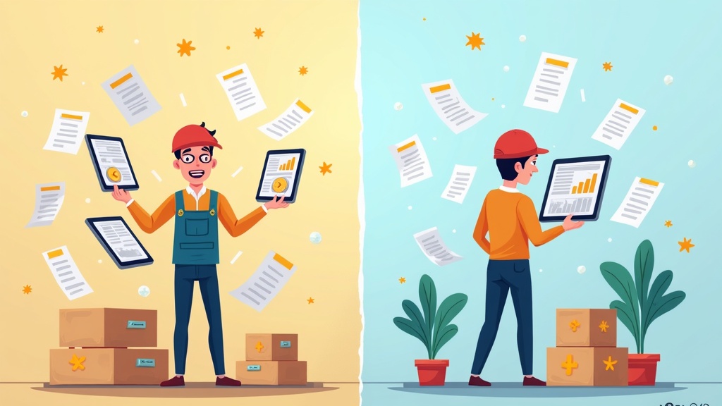 Split-screen cartoon illustration: left shows stressed warehouse manager juggling multiple tablets and papers, right shows same person relaxed while chatting with friendly AI assistant