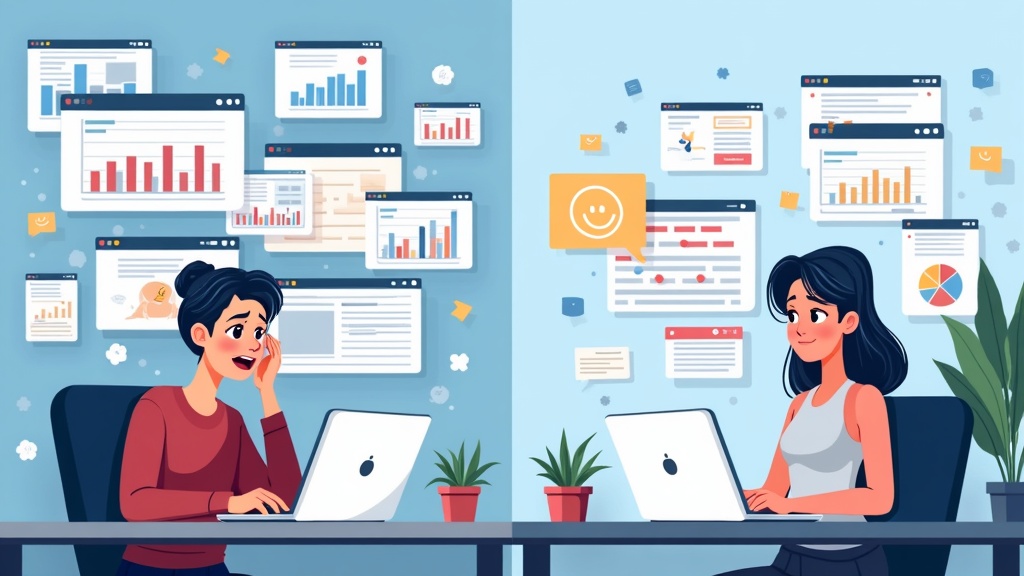 Split-screen cartoon illustration: left shows confused website owner surrounded by complex analytics dashboards and cookie consent popups, right shows same person relaxed while chatting with friendly AI assistant