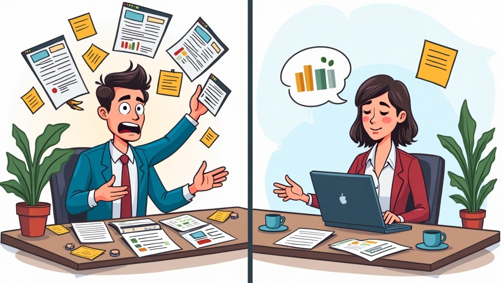 Split-screen cartoon illustration: left shows stressed investor juggling multiple CRM screens and sticky notes, right shows same person relaxed while chatting with friendly AI assistant