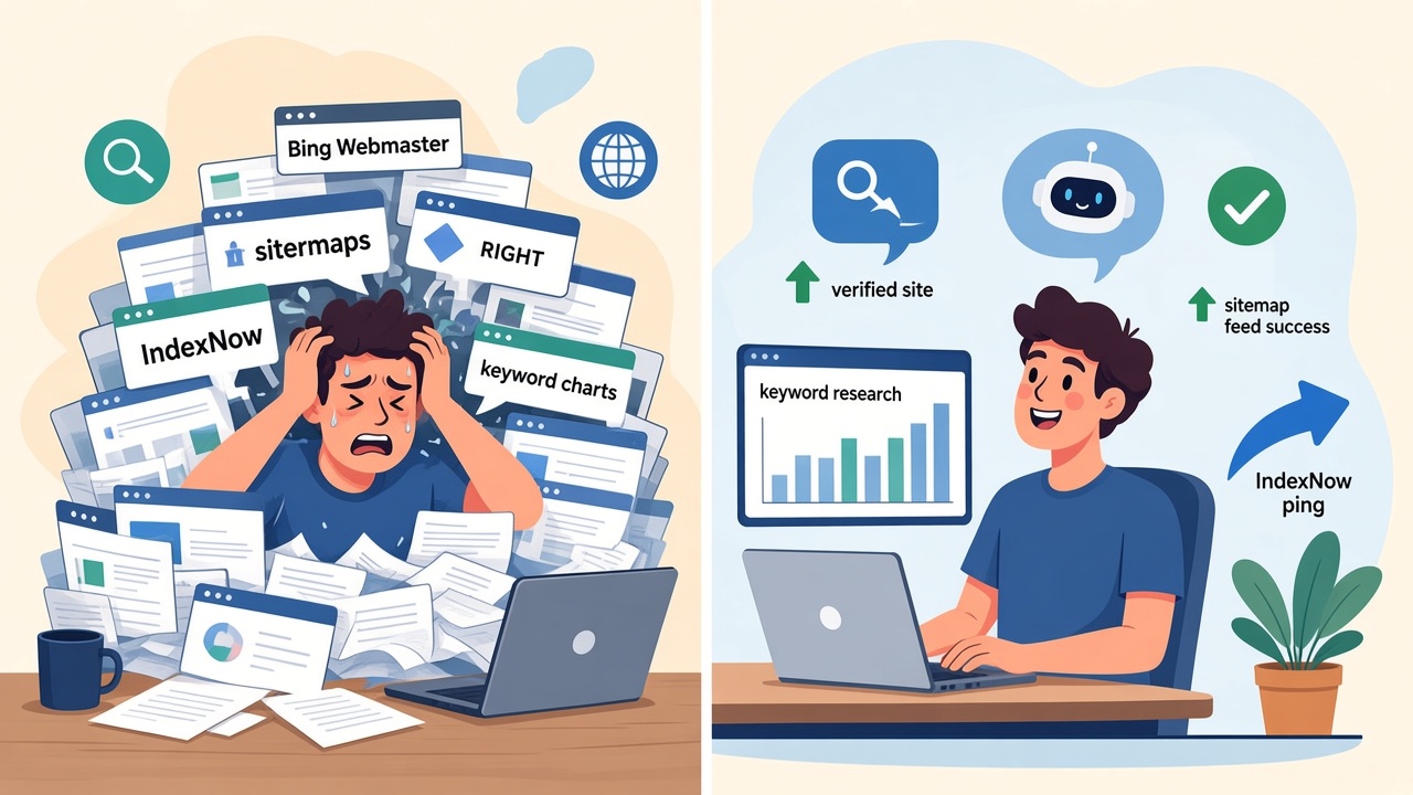 Split-screen cartoon: left, a developer juggling Bing Webmaster tabs, sitemaps, and keyword charts; right, the same person relaxed while an AI assistant handles verification, IndexNow, and keyword research